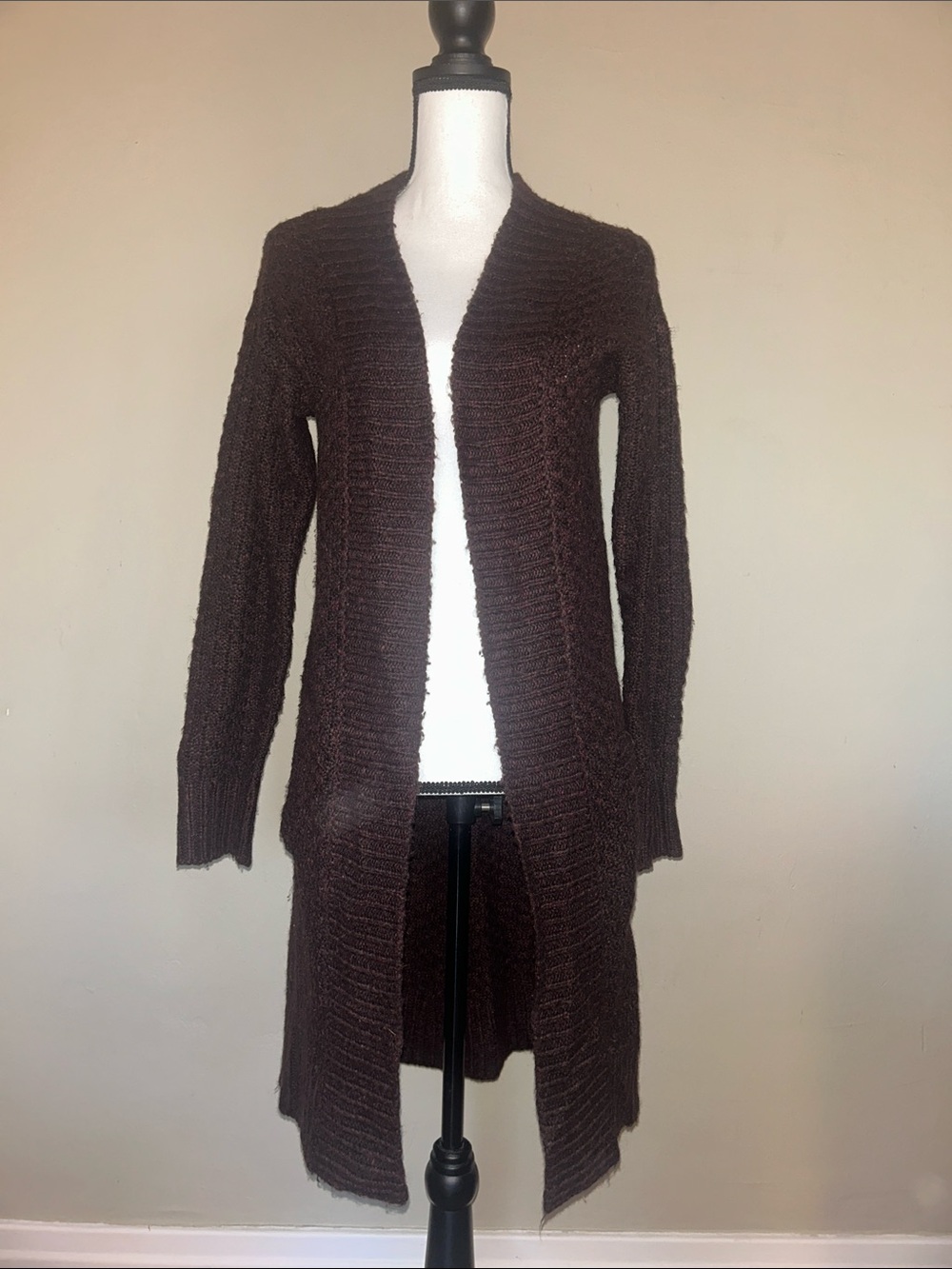 Garage Dark Brown Open-Front Long Knit Cardigan